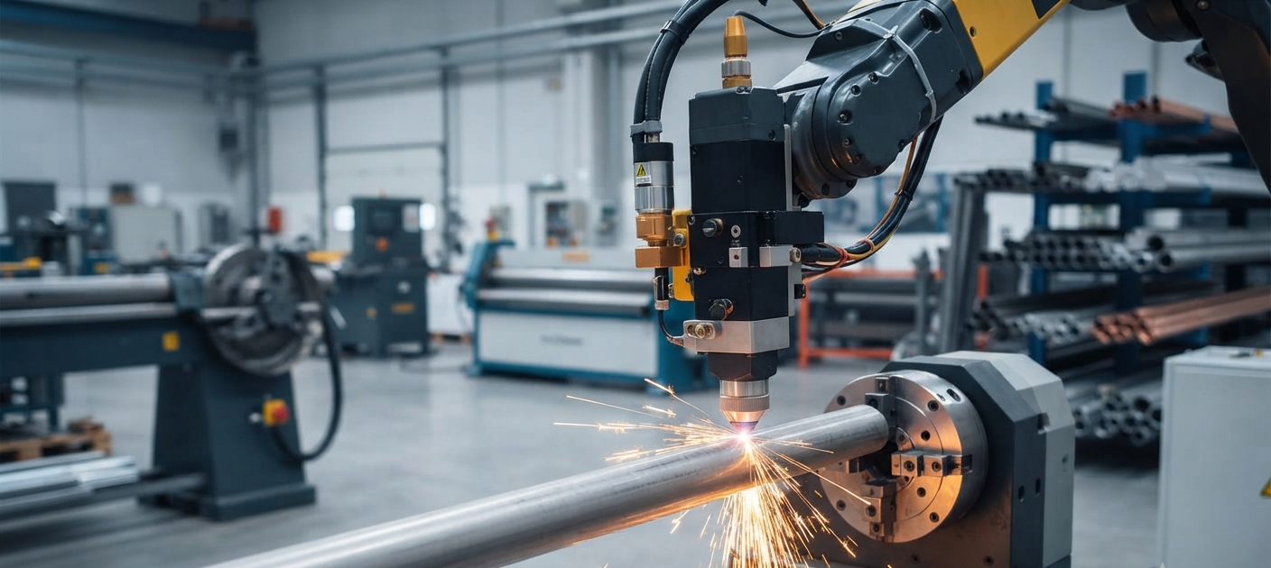 Braccio robotico industriale esegue lavorazione di taglio laser su tubo in acciaio inox in officina meccanica.